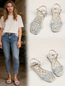 Sparkling Flat Sandals Suitable For Teenagers: Square Toe Glitter Crystal Ankle Strap Sandals - Silver - View 3