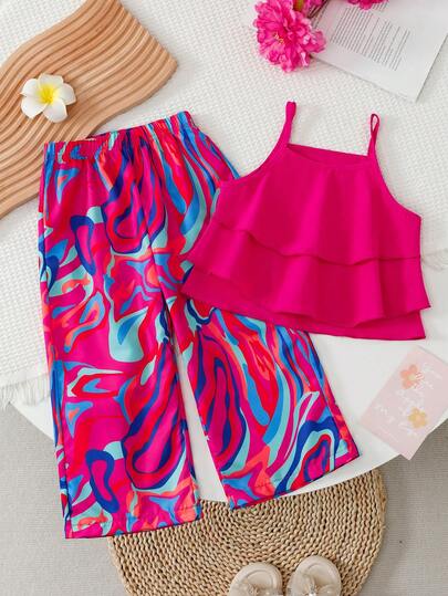 Bộ 2 món cho bé gái, gồm áo tank top không tay màu trơn và quần ống đứng cạp chun in họa tiết nhiệt đới, thích hợp mặc hàng ngày, mùa xuân/hè.