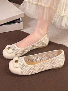 女士渔夫鞋，新款平底编织套脚乐福鞋，低跟网面鞋，妈妈鞋，莫卡辛鞋 - 米色 - 查看 1