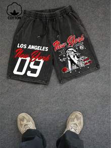 Plus Size Men's Casual Shorts, Creative "Statue Of Liberty" English Text Graphic Print, Round Neck Washed Relaxed Shorts, Everyday Wear - Black - View 1