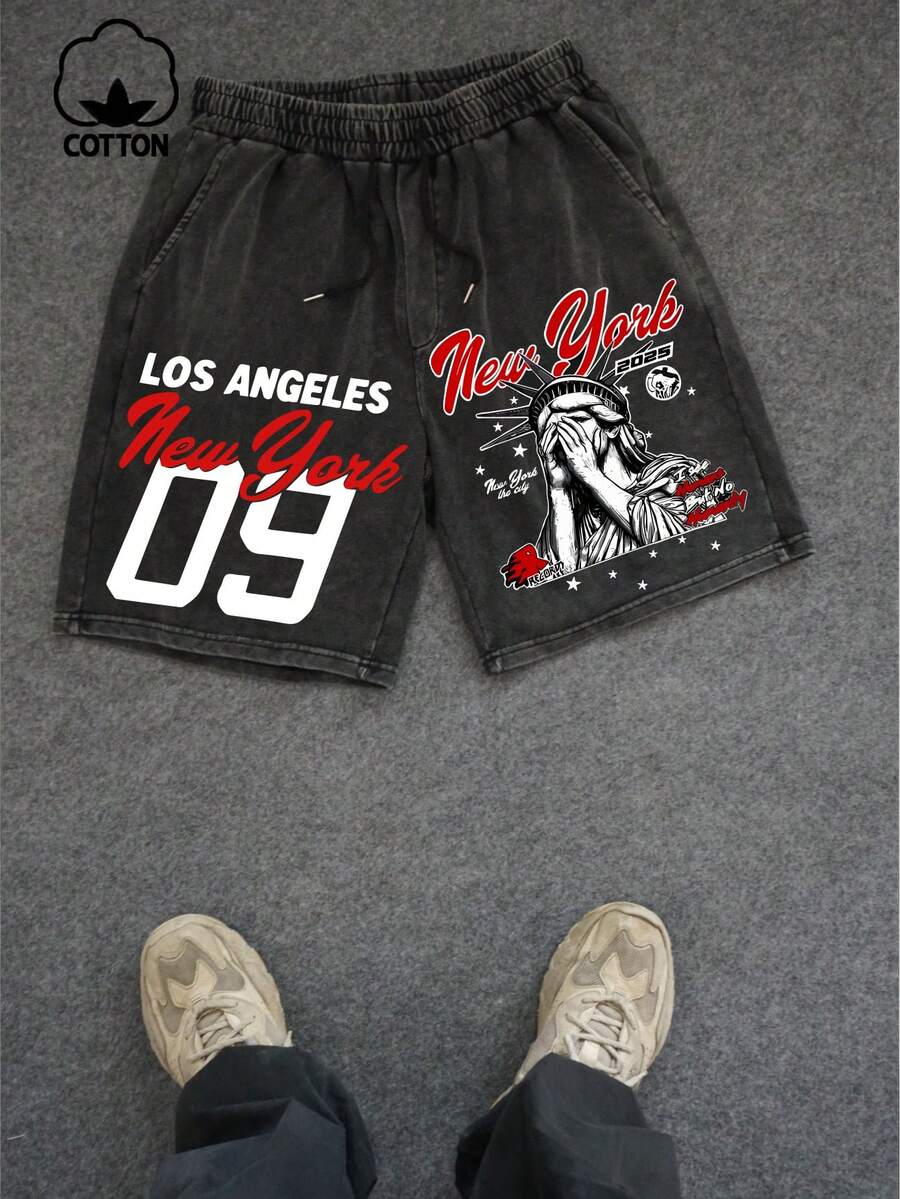 Plus Size Men's Casual Shorts, Creative "Statue Of Liberty" English Text Graphic Print, Round Neck Washed Relaxed Shorts, Everyday Wear - Black - View 1
