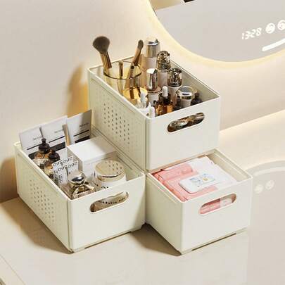 Organizador de maquillaje retráctil y apilable, contenedores de almacenamiento de cosméticos de plástico con diseño ventilado, organizador de cajones de tocador para lápices labiales, brochas, cuidado de la piel y herramientas para uñas, contenedor de almacenamiento que ahorra espacio para baño, cómoda, encimera y gabinete
