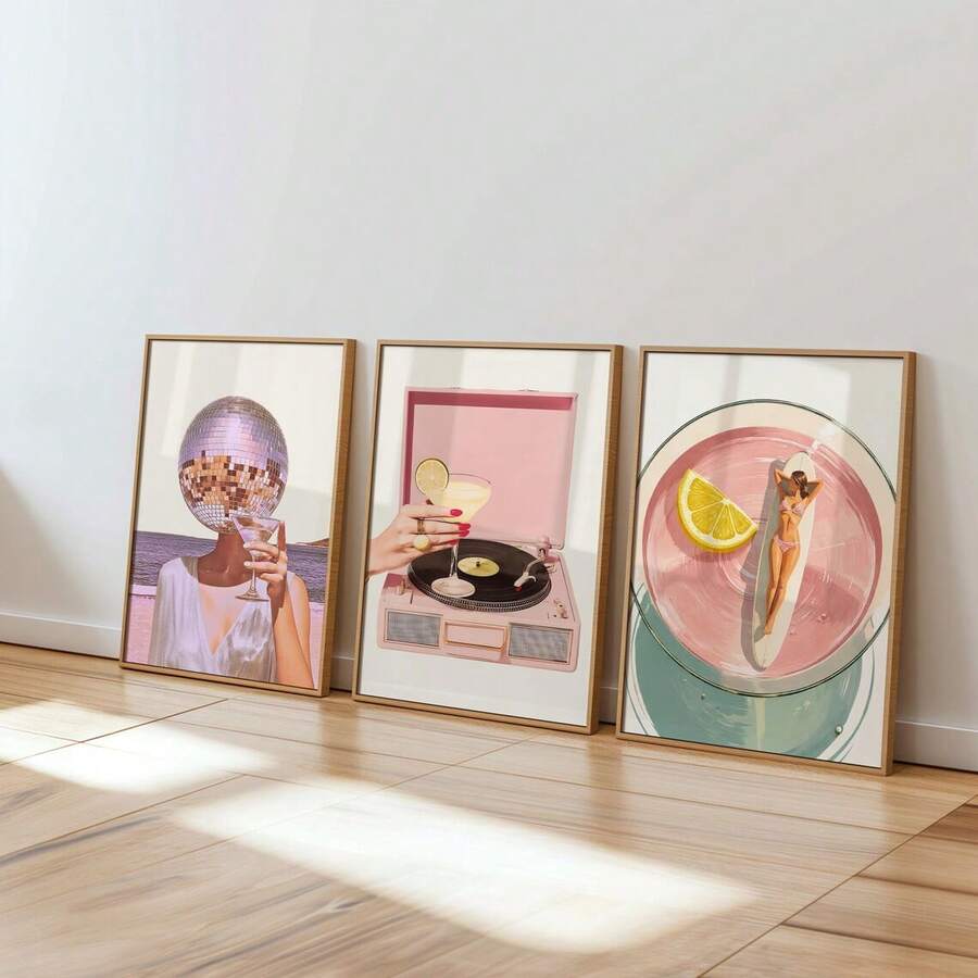 1/3件套无框复古海岸迪斯科球鸡尾酒乙烯基泳池边帆布海报夏季度假酒吧推车墙面艺术印刷品美学装饰趣味画作，适用于公寓、客厅、卧室、现代家居装饰 - A - 查看 1