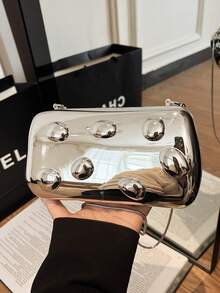 Avant-Garde Shiny Evening Clutch Bag, Metallic Finish Women's Party Box Bag With Metal Chain Strap, Suitable For Parties And Nighttime Events - Silver - View 11