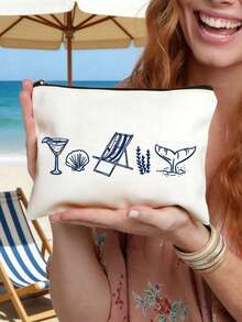 Custom Coastal Makeup Bag- Personalized With The Name "Last Toast Of The Coast" Design, Reusable Cosmetic Pouch With Design,Featuring Glasses And Seashells, Made Of Lightweight, Hand-Painted Style, Lightweight, Cosmetic & Toiletry Organizer Bag - Multicolor - View 3