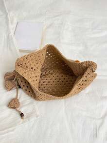 Handmade Open Work Crochet Tote Bag Boho Beech Bag With Wooden Bead Strap Gift For Her - Khaki - View 10