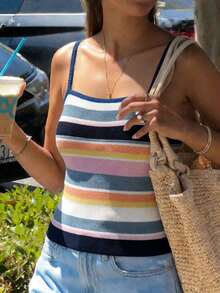 Live To Mo 女士夏季休闲彩虹条纹印花吊带针织上衣，蓝色针织衫，适合海滩度假 - 藏藍白條紋 - 查看 6