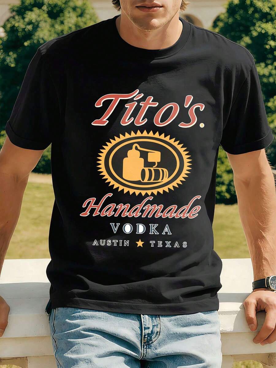 PLUS SIZE Handmade Vodka Graphic Mens TShirt Texas Style Premium Fabric, Crew Neck, Easy Fit, Comfortable, Art Print - Black - View 1