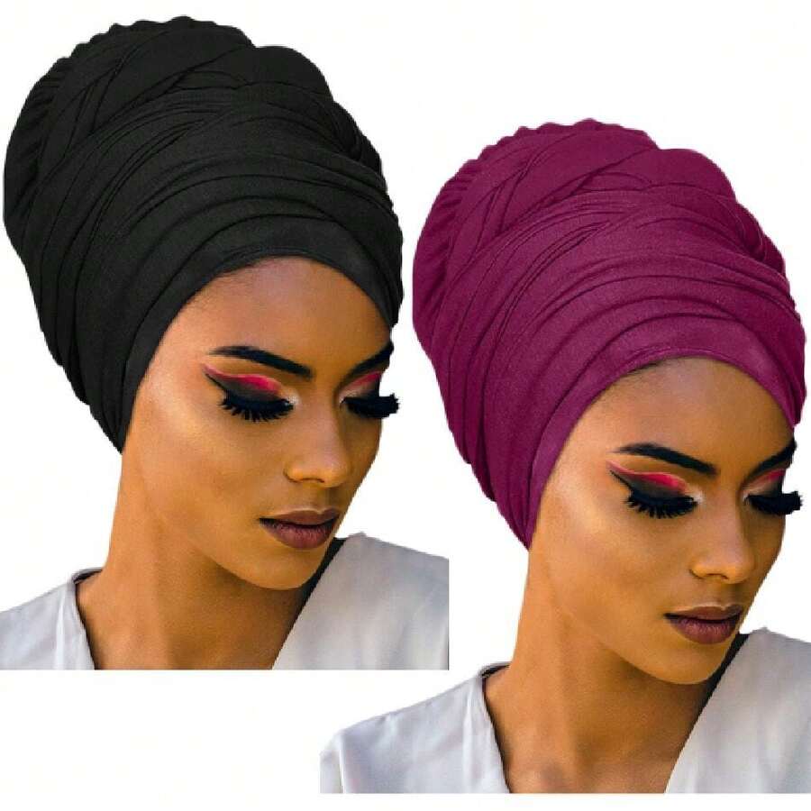 Ankara - Soft African Print Headscarf For Long Hair, Head Wrap, Turban, Tie, African Fabric, 2 Pieces Black And Fuchsia, 42543438 - 咖啡棕 - 查看 1