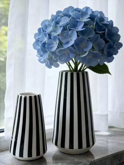 1个黑白条纹花盆，简约欧式圆柱形花盆，适合客厅、卧室或桌面家居装饰