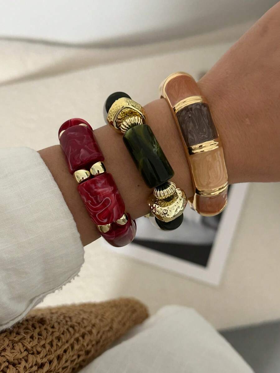 1件欧美时尚美拉德棕色亚克力手链，法式夸张极简几何手工串珠