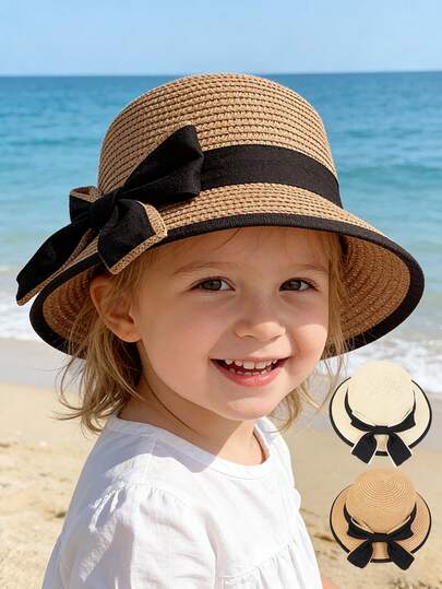 1顶儿童草编可调节大蝴蝶结遮阳帽，带下巴系带，适合海滩、度假、户外玩耍