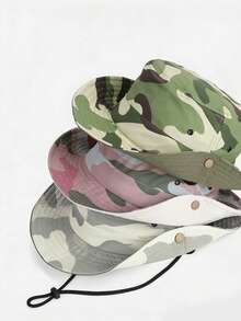 儿童迷彩速干耐用渔夫帽，1顶，可调节下巴带，防风防晒，适合露营、徒步、海滩、度假等场合。 - 1PC - 查看 5