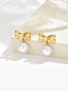 1 Pair Cute Bow Pearl Earrings, Delicate Bowknot Design With Smooth Pearl Details, Adding Romantic Charm To The Ears - Earrings - View 4