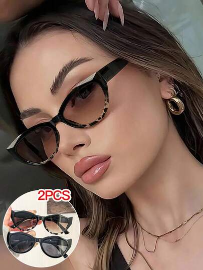 2 piezas Gafas de moda de ojo de gato vintage para mujer, con marco de policarbonato de unicolor y de bloque de color, ligero y ajuste cómodo, adecuado para vacaciones y salidas, con estuche de gafas
