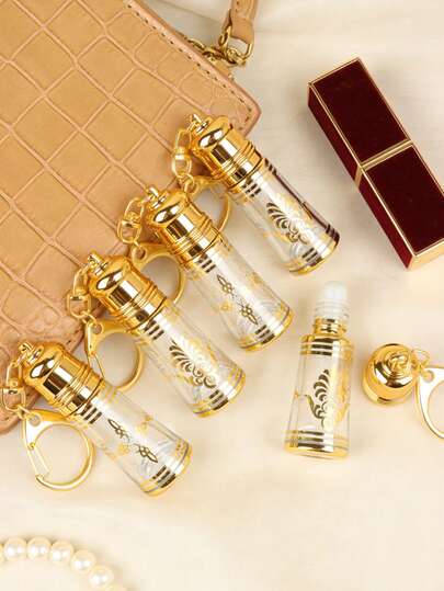 1 pieza Botella de perfume recargable de oro con llavero, Botella de vidrio portátil de 5ml para aceites esenciales con bola de rodillo, Atomizador de aromaterapia a prueba de fugas, mini accesorio de viaje, Lindo llavero contenedor de colonia para mujer, Mejor regalo para su uso diario, Pequeña botella cosmética recargable para bolso
