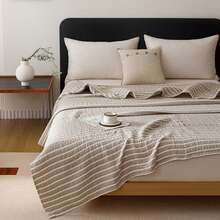 1 Peça Cobertor de Gaze Jacquard Tecido de 3 Camadas 100% Algodão Macio e Confortável - Alta Densidade, Design Jacquard Listrado Minimalista Amigável à Pele, Textura Delicada, Adequado para Cochilar, Descansar, Xale, Perfeito para Relaxamento e Aconchego - Primeiras Palavras Brown - Visão 7