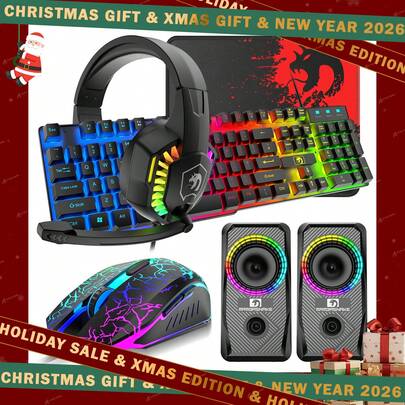  Combo de 5 piezas de teclado de juego con cable, ratón, auriculares, altavoz y alfombrilla de ratón ATTACK SHARK * MANBASNAKE para mejorar tu experiencia de juego, fabricado en Reino Unido