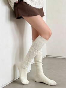白色镂空过膝袜，保暖针织复古羊毛大腿袜，女士宽松长筒袜 - 彩色 - 查看 2