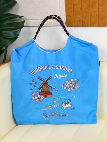 New Fashion Embroidered Windmill & Cat Pattern Foldable Nylon Tote Bag, Large Capacity Suitable For Commuting, Shopping, Beach, Party, Shoulder Handbag - Multicolor - View 3