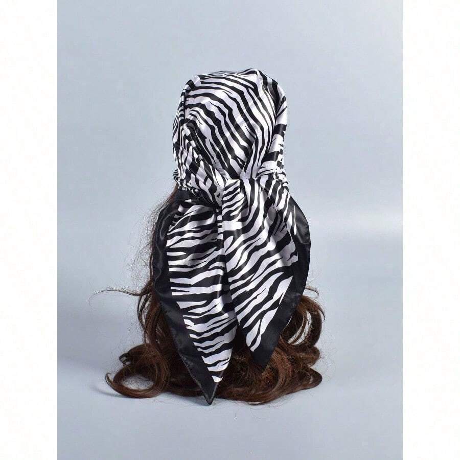 1pc Zebra Striped Print Bandana Women Big Square Scarf Bandana,Hair Band,Head Band Ideal For Dressing Up Your Look - 白色 - 查看 1
