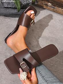 Sandalias deslizantes cuadradas con hebilla de metal minimalista y versátil de moda para mujer - Café integral - Ver 3