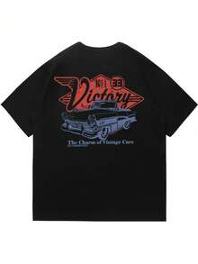 Men's Vintage Car Element Printed Short Sleeve T-Shirt, Comfortable & Breathable, Suitable For Summer, Leading Fashion - Black - View 4