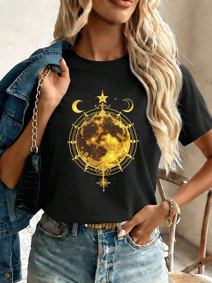 Moon Star Graphic T-Shirt, Spring, Soft Cotton, Comfortable Fit, Casual, Breathable - Black - View 1