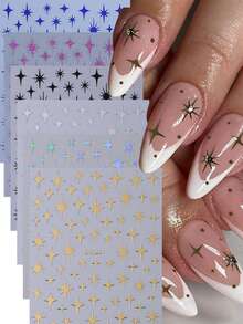 6片Y2K爆炸星美甲贴纸，闪亮十字星，金色、银色、黑色、蓝色、紫色全息3D自粘DIY美甲贴花 - 彩色 - 查看 2