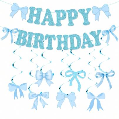 Bộ trang trí tiệc sinh nhật chủ đề nơ xanh trắng, gồm có băng rôn và vòng hoa sinh nhật. Thích hợp cho đám cưới, tiệc cô dâu, lễ kỷ niệm sinh nhật, tiệc độc thân và các sự kiện khác. Bộ sản phẩm bao gồm các vật trang trí được thiết kế với hình nơ.