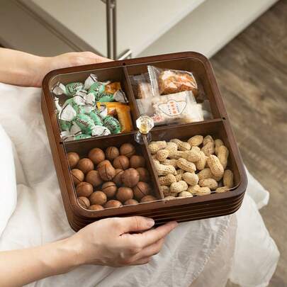 4-Compartment Snack Tray With Lid - North American Walnut Wood Serving Tray, Suitable For Dried Fruit/Nuts/Candy, Multi-Functional Party Food Storage Container