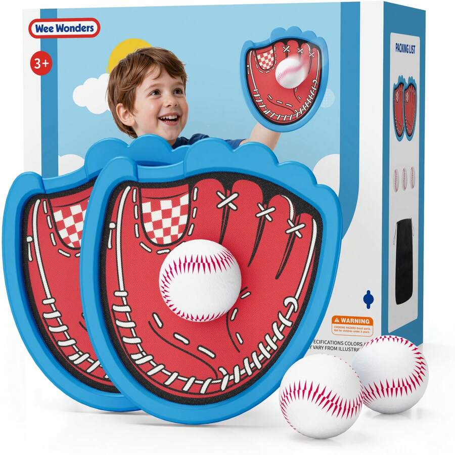 Wee Wonders Toss And Catch Ball Game Set, Kids Baseball Glove Includes 2 Paddles & 3 Sticky Balls, Ball And Catch Game For  Yard Pool Outside, Beach Essentials,Indoor Outdoor Kids Toys For Toddlers Ages 3-12