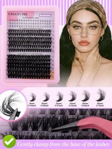 D型卷翘蓬松假睫毛簇，下睫毛长度9-18mm，浓密型睫毛嫁接套装，DIY自然卷翘假睫毛，含睫毛胶、镊子和睫毛刷 - 粉色 - 查看 4