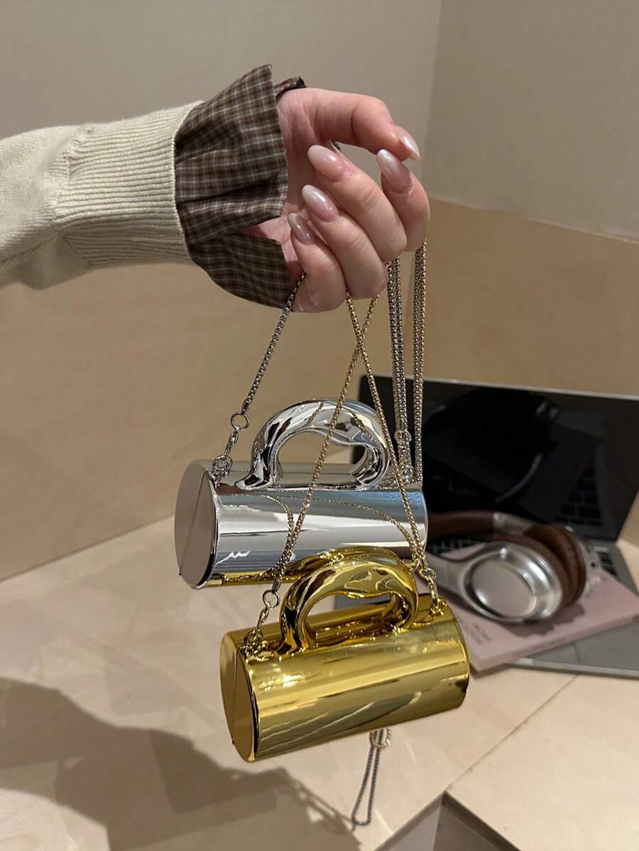 Avant-Garde Shiny Gold Handbag, Party Evening Bag, Glossy Silver Purse, Mini Chain Shoulder Bag, Lipstick & Earphone Pouch, Coin Purse - Gold - View 1