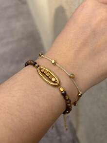 1 chiếc vòng tay nhiều lớp đính đá tự nhiên, mạ vàng 18K, thiết kế độc đáo, chất liệu thép không gỉ. - màu nâu - Xem 1