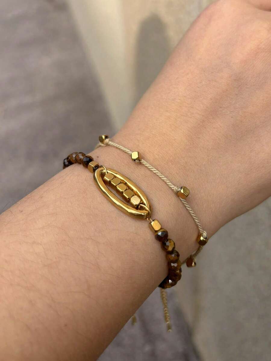 1 chiếc vòng tay nhiều lớp đính đá tự nhiên, mạ vàng 18K, thiết kế độc đáo, chất liệu thép không gỉ. - màu nâu - Xem 1