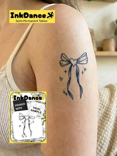 1套“闪亮甜心蝴蝶结”新技术纹身贴纸，半永久性，仿真纹身，防水持久，临时纹身，逼真设计，植物配方，Ink Dance Gift X216