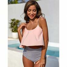 Ladies' Tankini Two-Piece Swimsuit High-Waisted Bikini Set With Tummy Control Bottoms And Ruffle Strap Tank Top - Pink - View 3