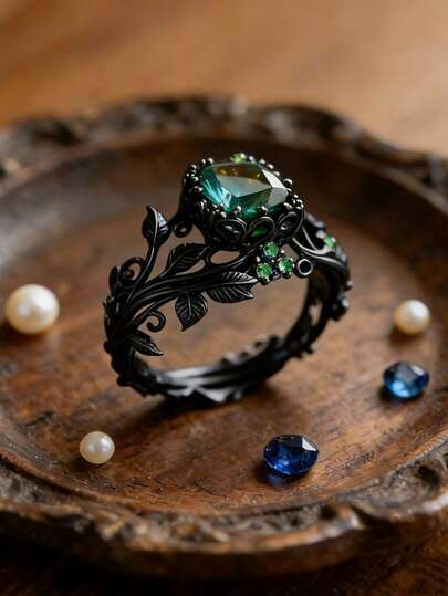 1枚复古风格优雅树叶设计戒指，镶嵌闪亮合成锆石，是周年纪念日或生日的完美礼物，适合日常佩戴。