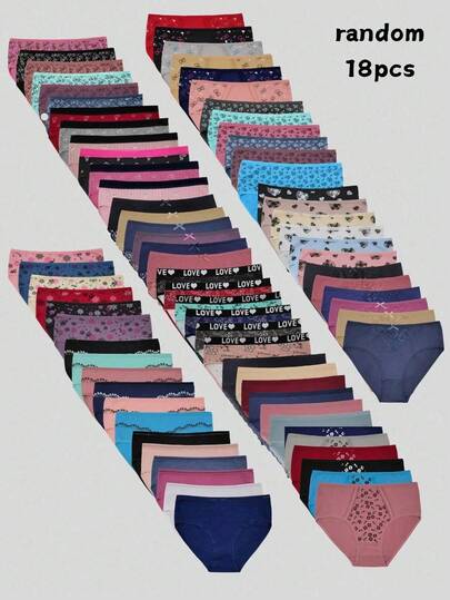 18pcs/Pack Randomly Assorted Cotton Plus Size Briefs Panties For Women