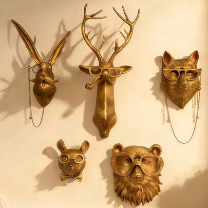 Bộ trang trí tường hình đầu thú bằng nhựa mạ vàng - Đồ trang trí độc đáo phù hợp cho phòng khách, lối vào và quầy bar | Trang trí thú vị cho nội thất phong cách hiện đại và chiết trung | Tác phẩm điêu khắc treo tường thủ công bền chắc