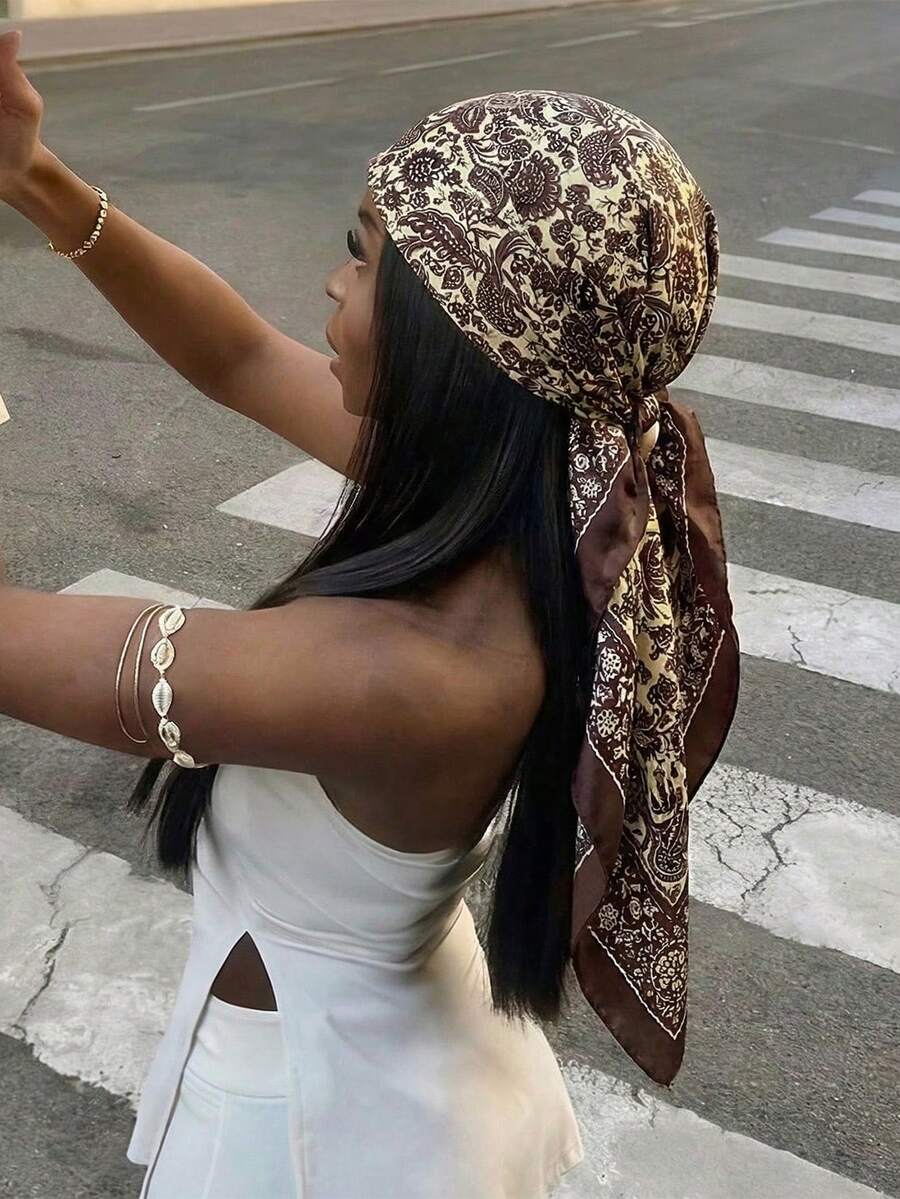 1件波西米亚风复古佩斯利花纹碎花真丝方巾，轻盈透气，适合春夏休闲户外佩戴，可作夏季发饰、沙滩发带、度假头巾。 - 巧克力棕 - 查看 1