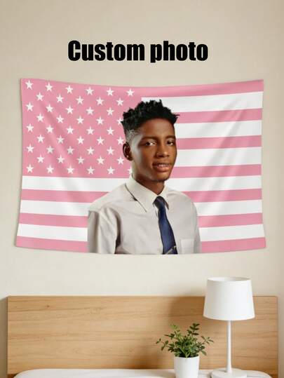1개 맞춤형 미국 국기 초상화 사진 태피스트리, 창의적인 맞춤형 미국 국기 폴리에스터 장식용 걸이 천, 가족 친구 커플 인쇄 벽 태피스트리, 거실 침실 사무실 홈 데코 / 방 데코 / 파티 데코