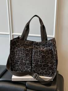 时尚豹纹大容量手提包，女士单肩包，带双口袋，简约设计 - 黑色 - 查看 10