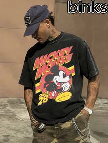 Disney Camiseta de manga corta con estampado de Mickey Mouse corriendo, con estilo lavado retro, transpirable, holgada, casual, adecuada para uso diario en el hogar, top de manga corta para hombres en primavera y verano. - Negro - Ver 2