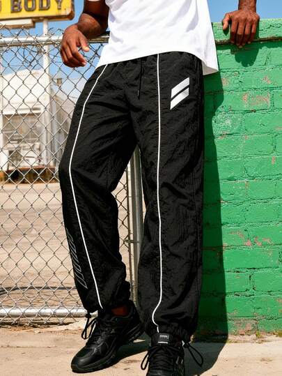 Men's Letter Print Drawstring Waist Casual Multipurpose Everyday Outdoor Sports Pants, Straight Leg Drawstring Style With Small Print, Suitable For All Seasons, Gym, Sports Wear