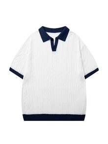 Men's Knitted Polo Shirt, Contrast Color Collar, Short Sleeve, Loose Fit, Dropped Shoulder, Italian Luxury Style, Vertical Stripe Texture, Color Block Trim, Spring/Summer - White - View 6