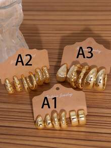 6-18pcs Women's Fashion Metal Textured Earring Set, European And American Retro Luxury, Including Hoop Earrings, Bamboo Joint Earrings, And Shell Texture Earrings, Suitable For Various Outfits - Multicolor - View 5