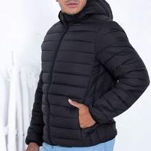 Men's Waterproof Nylon Puffer Jacket With Pockets And Hood - 黑色 - 查看 8
