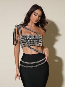 LOVE Aing 女士黑色优雅连衣裙，中东奢华名人手工水晶性感露背两件套礼服，适合生日、正式晚宴、派对、宴会、春季婚礼等场合。 - 黑色 - 查看 10